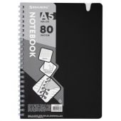 Тетрадь обложка пластик, А5 80 л., гребень мягкий, вырубка для ручки, клетка, BRAUBERG, черный, 405376