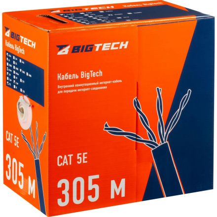 Кабель BigTech BT-CECR-001 медь UTP 4 пары, кат.5e AWG25 PVC 305м сер