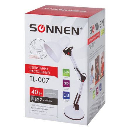 Настольная лампа / светильник SONNEN TL-007, подставка + струбцина, 40 Вт, Е27, БЕЛЫЙ, высота 60 см, 235539