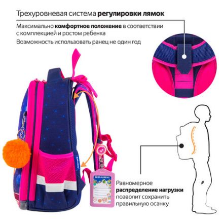 Ранец BRAUBERG PREMIUM, 2 отделения, с брелоком, "Cute fox", LED-ЛАМПОЧКИ, 38х29х16 см, 272019