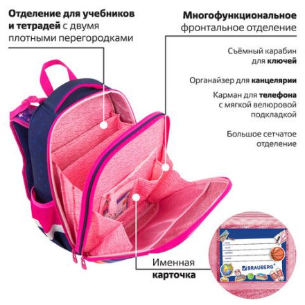 Ранец BRAUBERG PREMIUM, 2 отделения, с брелоком, "Cute fox", LED-ЛАМПОЧКИ, 38х29х16 см, 272019