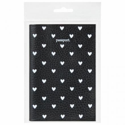 Обложка для паспорта натуральная кожа флоттер, принт "Сердечки", цвет черный, BRAUBERG, 238867