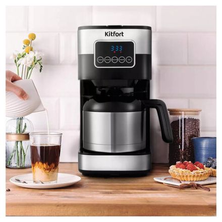 Кофеварка капельная KITFORT КТ-752, 900 Вт, объем 1,25 л, дисплей, черный/стальной