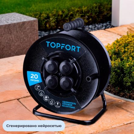 Удлинитель Topfort метал. КГ 2x2,5 кв.мм 20м 16А 4 гнезда б/з.,с/загл.,IP44