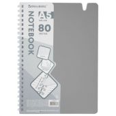 Тетрадь обложка пластик, А5 80 л., гребень мягкий, вырубка для ручки, клетка, BRAUBERG, серый, 405377