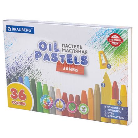 Пастель масляная восковые мелки утолщенные 36 цветов с точилкой, держателем и стеком, BRAUBERG PREMIUM, 272713
