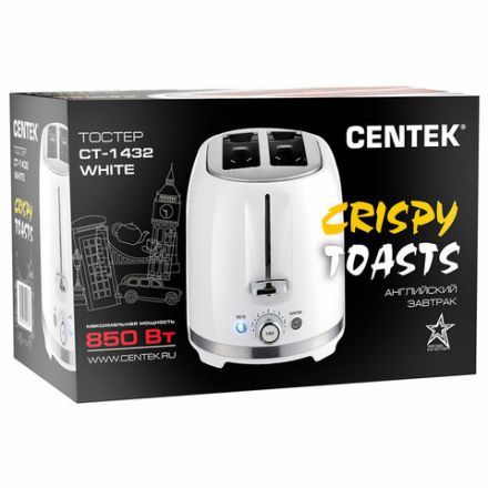 Тостер CENTEK CT-1432, 850 Вт, 2 тоста, 7 режимов, пластик, белый, CT-1432 WHITE