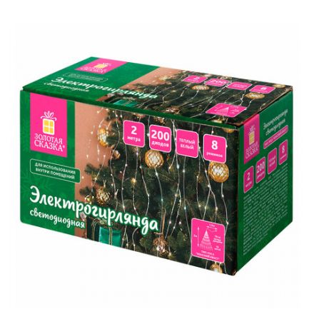 Электрогирлянда-конский хвост комнатная, 2 м, 200 LED, тёплый белый, 220 V, ЗОЛОТАЯ СКАЗКА, 591365