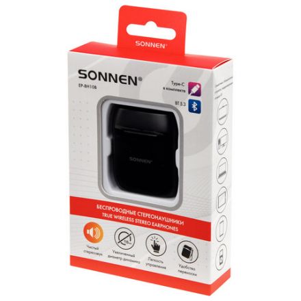 Наушники беспроводные TWS вкладыши с микрофоном, SONNEN EP-BH10B, Bluetooth 5.3, черные, 514122