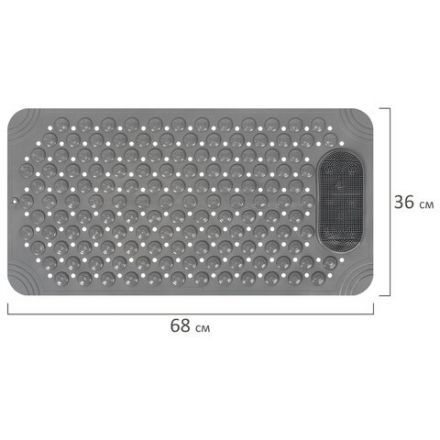 Коврик для ванны противоскользящий с теркой для ступней 68х36 см, серый, ПВХ, присоски, PRIMILA (ПРИМИЛА), 700389
