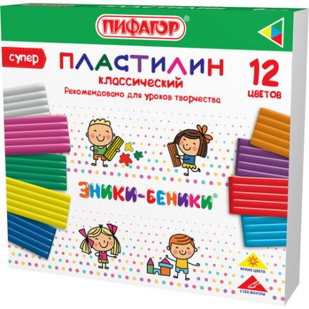 Пластилин классический ПИФАГОР "ЭНИКИ-БЕНИКИ СУПЕР", 12 цветов, 240 грамм, стек, 106429