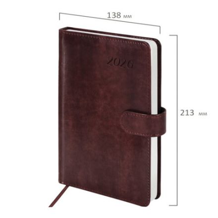Ежедневник датированный 2026 А5 138x213 мм, BRAUBERG "Legend", под кожу, застежка, коричневый, 117071