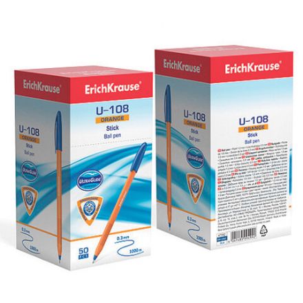 Ручка шариковая масляная ERICH KRAUSE "U-108" Orange СИНЯЯ, корпус оранжевый, 0,7 мм, линия 0,26 мм, 47582