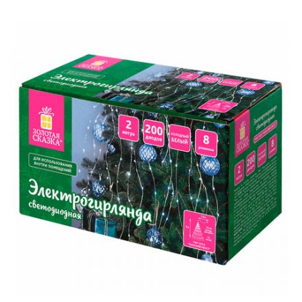 Электрогирлянда-конский хвост комнатная, 2 м, 200 LED, холодный белый, 220 V, ЗОЛОТАЯ СКАЗКА, 591366