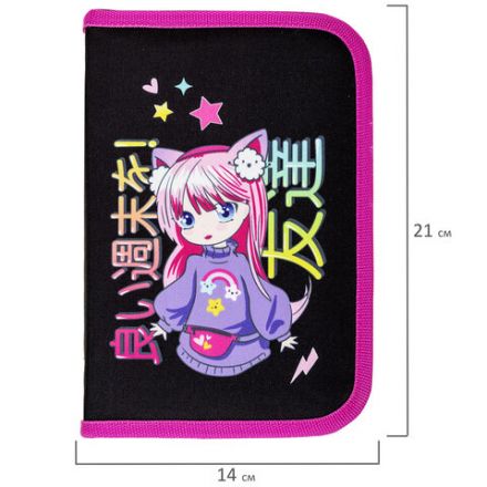 Пенал BRAUBERG, 1 отделение, 1 откидная планка, полиэстер, 21х14 см, "Anime girl", 272323