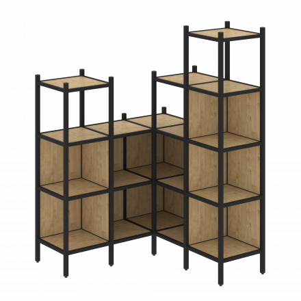 Loft Угловой внутренний стеллаж наборный VR.L-39 Тиквуд светлый/Чёрный металл 1278*1278*1869