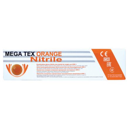 Перчатки нитриловые сверхпрочные с текстурой SFM MEGA TEX ORANGE, Германия, 25 пар (50 штук), размер L (большой), 4036534914205