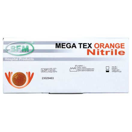 Перчатки нитриловые сверхпрочные с текстурой SFM MEGA TEX ORANGE, Германия, 25 пар (50 штук), размер L (большой), 4036534914205