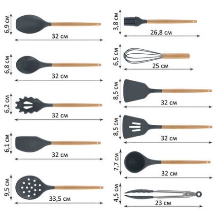 Набор силиконовых кухонных принадлежностей с деревянными ручками 12 в 1, серый, DASWERK (ДАСВЕРК), 608194