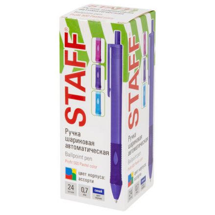 Ручка шариковая автоматическая эргономичная с грипом STAFF "Profit 500 PASTEL COLOR", СИНЯЯ, узел 0,7 мм, линия письма 0,35 мм, 144492