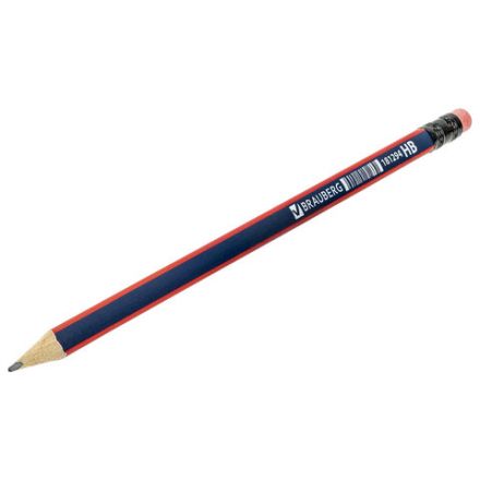 Карандаш чернографитный BRAUBERG, 1 шт., "Stripes", HB, трехгранный, с ластиком, корпус синий/красный, 181294