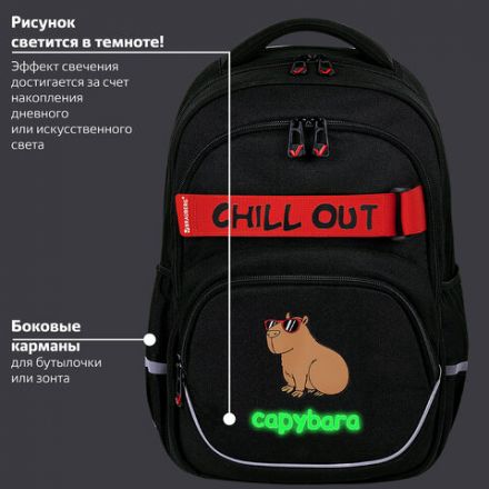 Рюкзак BRAUBERG MOTION, 2 отделения, 3 кармана, "Calm capy", СВЕТЯЩИЙСЯ, 41х28х17 см, 272032