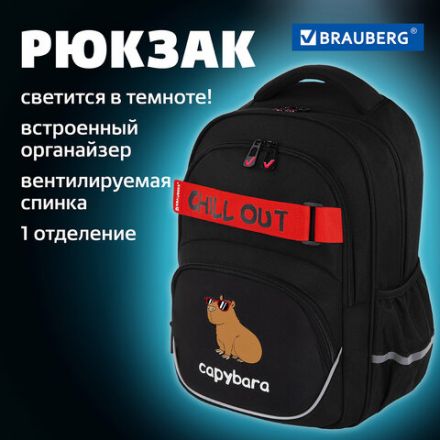 Рюкзак BRAUBERG MOTION, 2 отделения, 3 кармана, "Calm capy", СВЕТЯЩИЙСЯ, 41х28х17 см, 272032