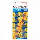 Батарейки алкалиновые "таблетка" КОМПЛЕКТ 10 шт., SONNEN Alkaline 189A (G10, LR54), в блистере, 457136
