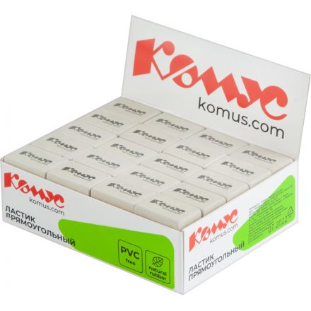 Ластик прямоугольный Комус, натуральный каучук, 26x18x8мм, белый