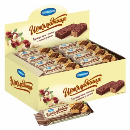 Вафли глазированные КОЛОМЕНСКОЕ "Шоколадница" с орехами, 40 шт. по 30 г, в шоубоксе