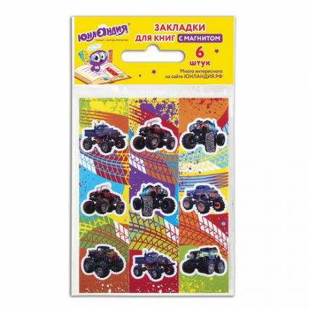 Закладки для книг с магнитом "МОНСТР-ТРАК", набор 6 шт., блестки, 25x196 мм, ЮНЛАНДИЯ, 111636 Закладки для книг с магнитом "МОНСТР-ТРАК", набор 6 шт., блестки, 25x196 мм, ЮНЛАНДИЯ, 111636