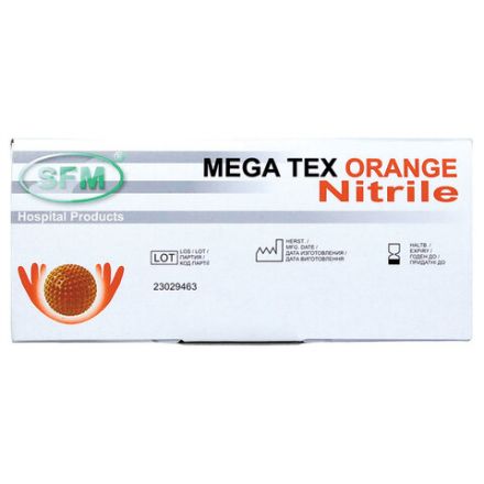 Перчатки нитриловые сверхпрочные с текстурой SFM MEGA TEX ORANGE, Германия, 25 пар (50 штук), размер XL (очень большой), 4036534915202