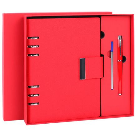 Ежедневник на кольцах в наборе с ручкой А5, 165x229 мм, BRAUBERG "Lux", под кожу, 100 листов, красный, 116857