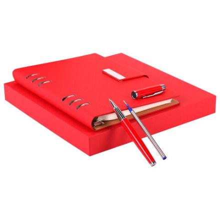 Ежедневник на кольцах в наборе с ручкой А5, 165x229 мм, BRAUBERG "Lux", под кожу, 100 листов, красный, 116857