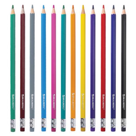 Карандаши цветные стираемые с ластиком BRAUBERG, 12 цветов, шестигранные, 182070