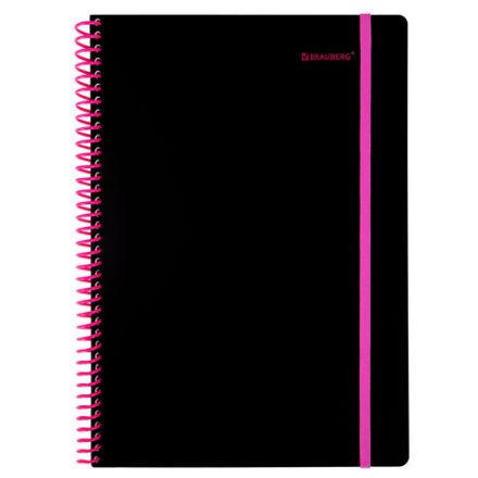 Тетрадь обложка пластик, А4 80 л., спираль пластик, резинка, клетка, BRAUBERG, черный/розовый, 405380