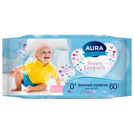 Салфетки влажные детские 60 шт., AURA Ultra Comfort, 0+, без спирта, 8106 Салфетки влажные детские 60 шт., AURA Ultra Comfort, 0+, без спирта, 8106