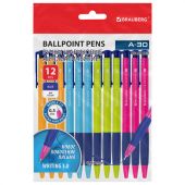 Ручки шариковые автоматические BRAUBERG A-30 COLOR MIX "WRITING 3.0", КОМПЛЕКТ 12 ШТ., СИНИЕ, узел 0,5 мм, линия 0,25 мм, 144342