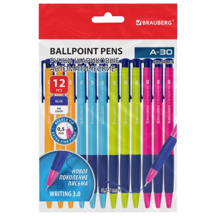 Ручки шариковые автоматические BRAUBERG A-30 COLOR MIX "WRITING 3.0", КОМПЛЕКТ 12 ШТ., СИНИЕ, узел 0,5 мм, линия 0,25 мм, 144342