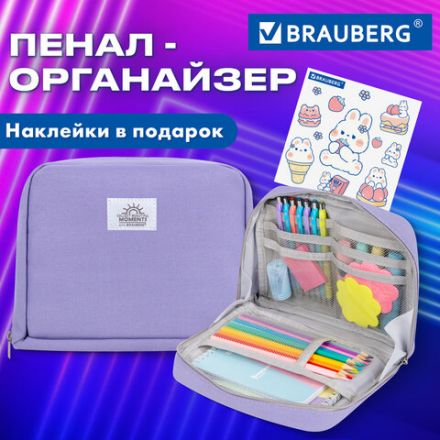 Пенал-органайзер BRAUBERG, 1 отделение, С НАКЛЕЙКАМИ, молния вокруг, канвас, 22x15х6 см, фиолетовый, 273594