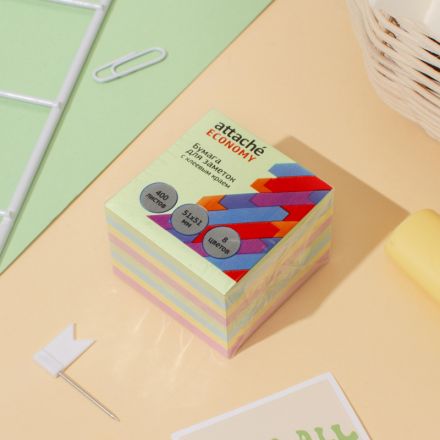 Бумага для заметок с клеевым краем Economy 51x51 мм, 400 л, 8 цветов в асс Бумага для заметок с клеевым краем Economy 51x51 мм, 400 л, 8 цветов в асс