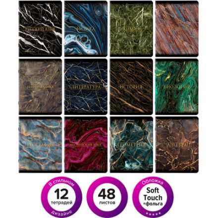 Тетради предметные, КОМПЛЕКТ 12 ПРЕДМЕТОВ, 48 л., SoftTouch, фольга, BRAUBERG, "MARBLE", 404326