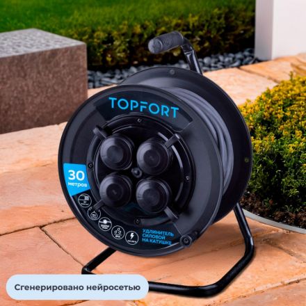 Удлинитель Topfort пласт. КГ 3x2,5 кв.мм 30м 16А 4 гнезда с/з.,с/загл.,IP44