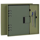 Ежедневник на кольцах в наборе с ручкой А5, 165x229 мм, BRAUBERG "Lux", под кожу, 100 листов, зеленый, 116858