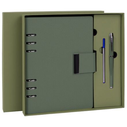 Ежедневник на кольцах в наборе с ручкой А5, 165x229 мм, BRAUBERG "Lux", под кожу, 100 листов, зеленый, 116858