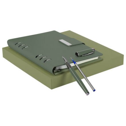 Ежедневник на кольцах в наборе с ручкой А5, 165x229 мм, BRAUBERG "Lux", под кожу, 100 листов, зеленый, 116858