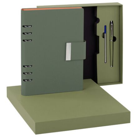 Ежедневник на кольцах в наборе с ручкой А5, 165x229 мм, BRAUBERG "Lux", под кожу, 100 листов, зеленый, 116858