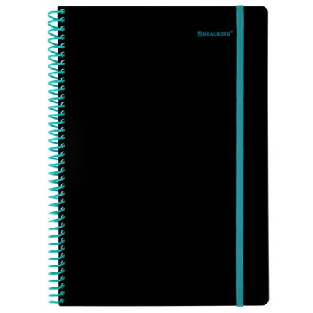 Тетрадь обложка пластик, А4 80 л., спираль пластик, резинка, клетка, BRAUBERG, черный/синий, 405381