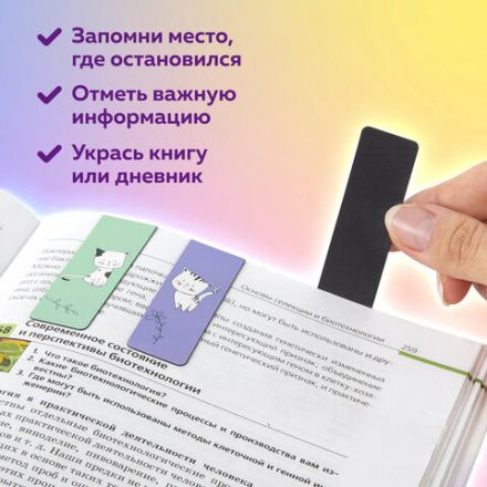 Закладки для книг МАГНИТНЫЕ, "CATS", набор 6 шт., 60x20 мм, BRAUBERG, 113159