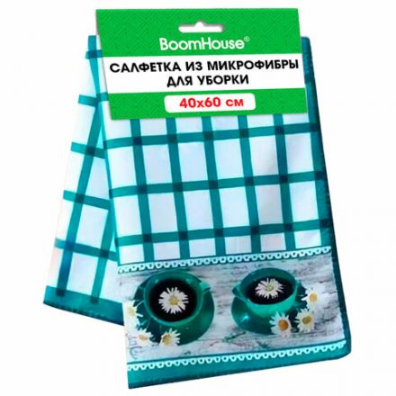 Салфетка из МИКРОФИБРЫ универсальная, 40х60 см, бирюзовая клетка, орнамент, 240 г/м2, BOOMHOUSE (БУМХАУС), 700879